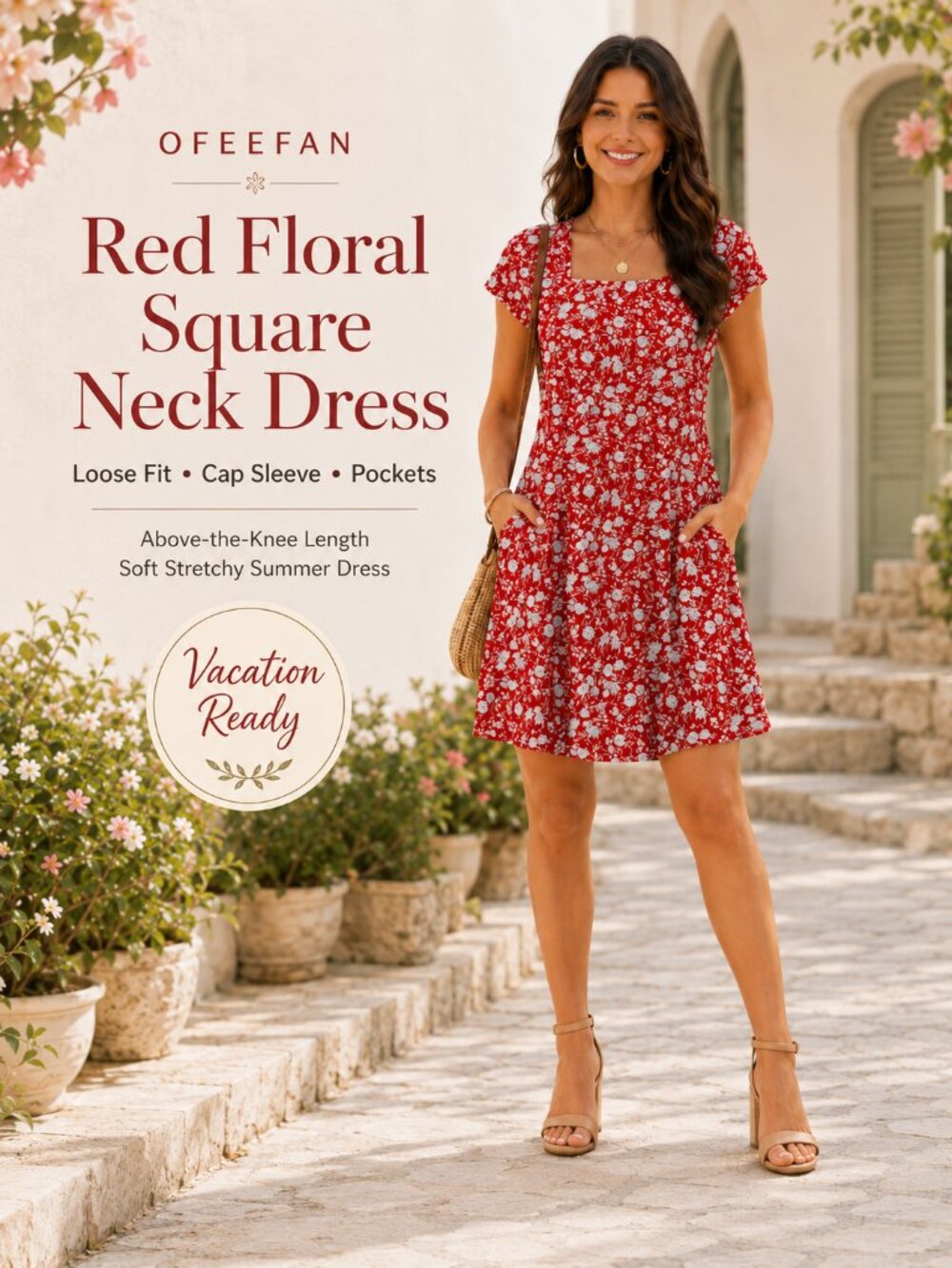 Red Floral Square Neck Cap Sleeve T-Shirt Dress Medium Casual Summer Sundress